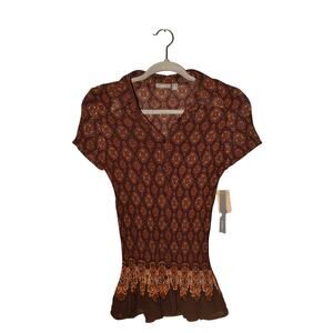 APT. 9 NEW $34 Purple Brown Damask Accordion Pleat Collared Blouse Medium